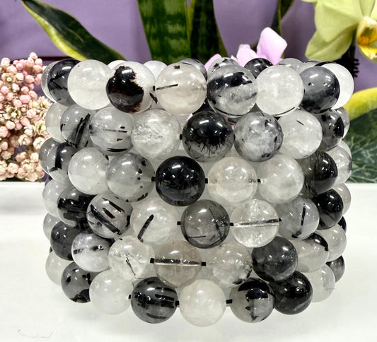 Wholesale Lot 6 Pcs Natural Tourmalinated Quartz 10mm 7.5” Crystal Healing Stretch Bracelet