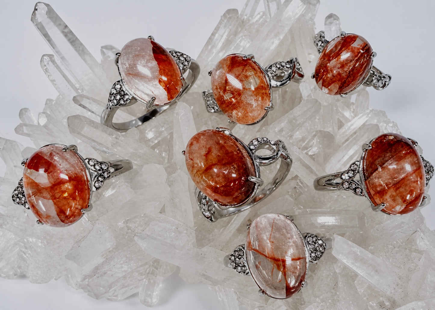 Wholesale Lot 7 pcs Natural Hematoid (Fire Quartz) Stainless Steel Ring 10x14mm