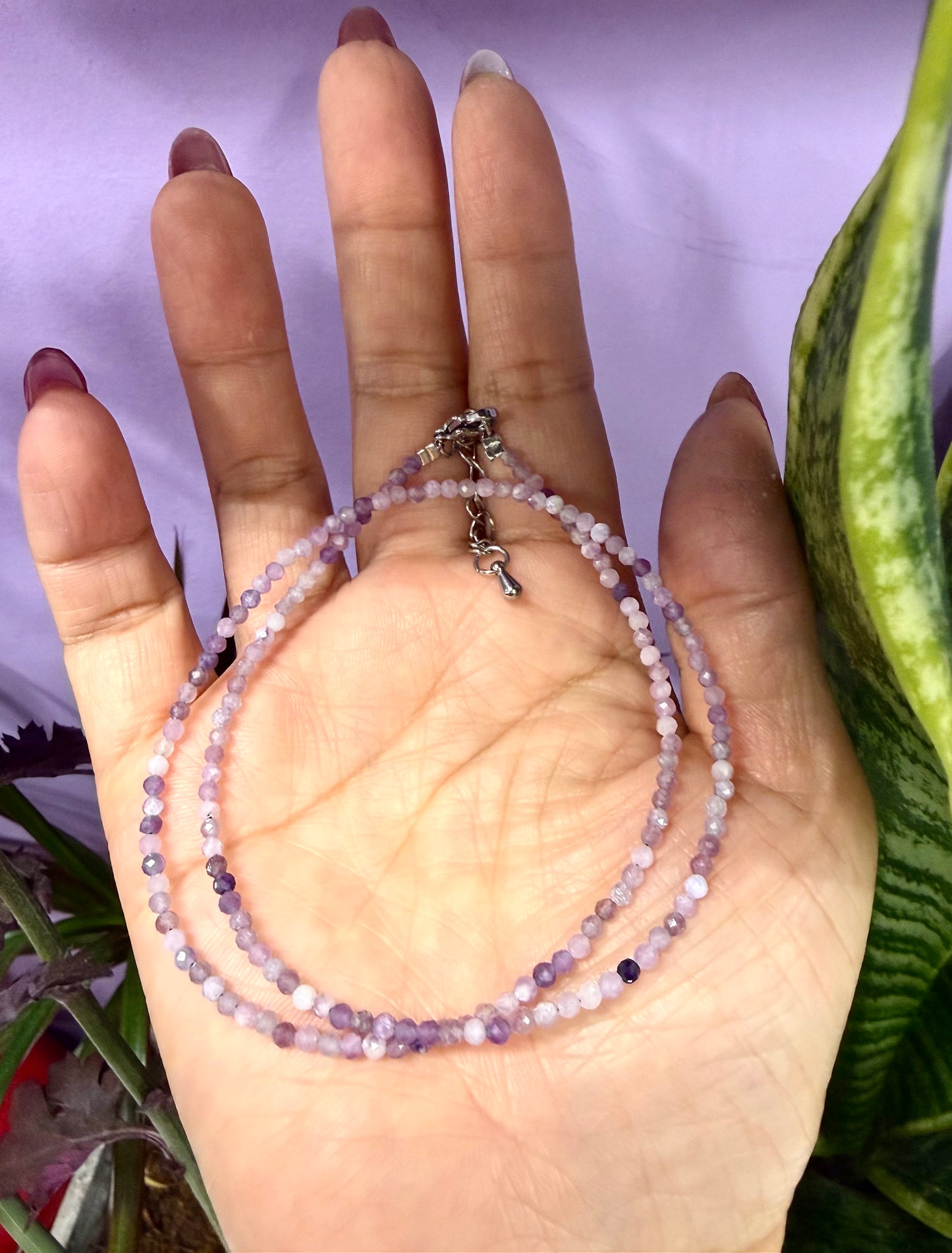 6 PCs 2mm Faceted Natural Lepidolite Necklace Stainless Steel Finding
