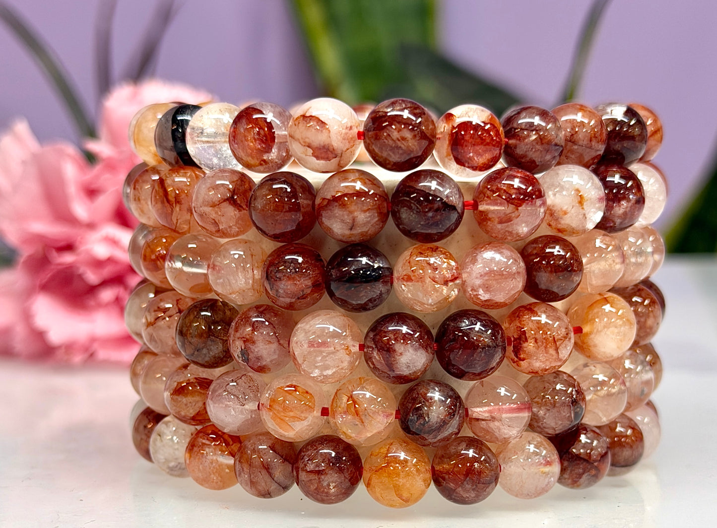 Wholesale 6 Pcs Natural Hematoid Fire Quartz 8mm 7.5” Crystal Stretch Bracelet