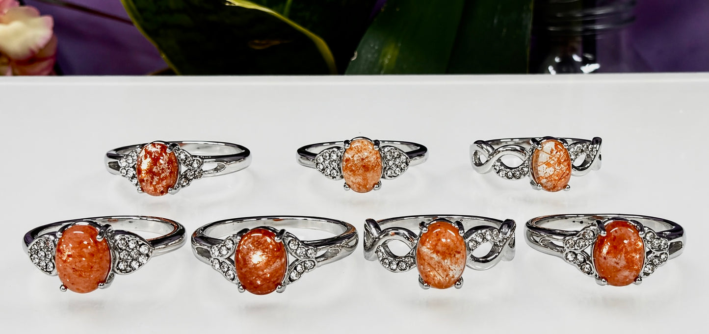 Wholesale Lot 7 pcs Natural Sunstone Stainless Steel Ring 6x8mm