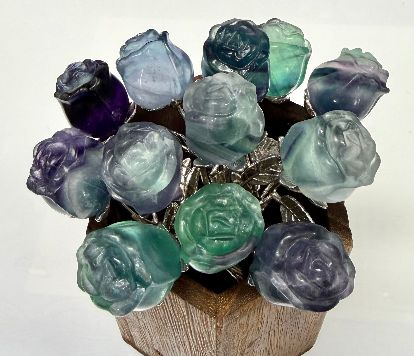 12 PCs Fluorite Rose with Rhodium Metal Stem Natural Crystal Healing Energy