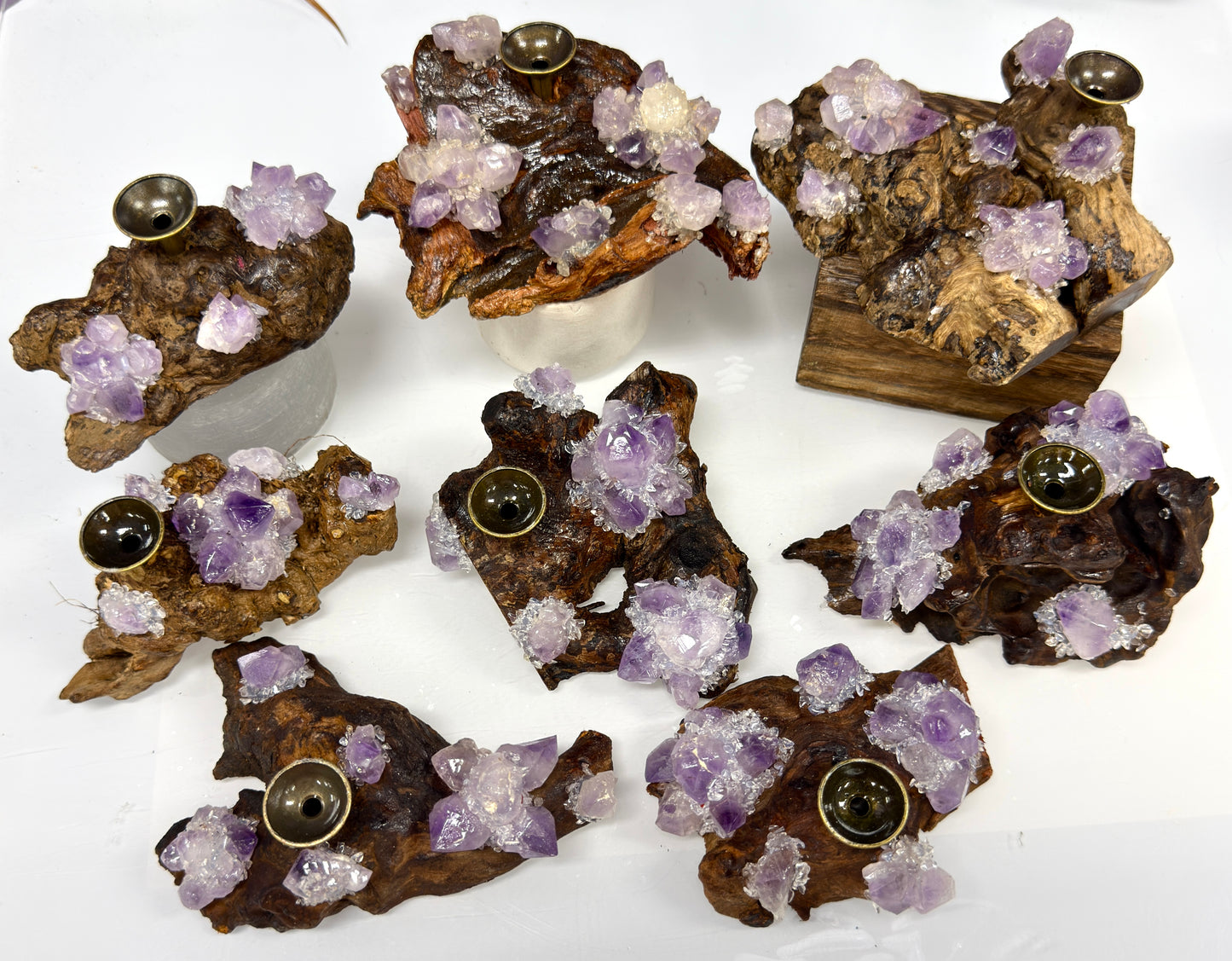 8 pcs PCs Natural Amethyst Drift Wood sphere stand Incense Holder