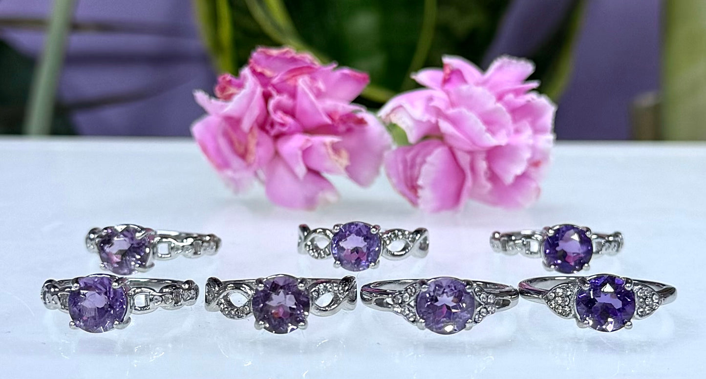 Wholesale Lot 7 pcs Natural Amethyst Stainless Steel Ring 7mm