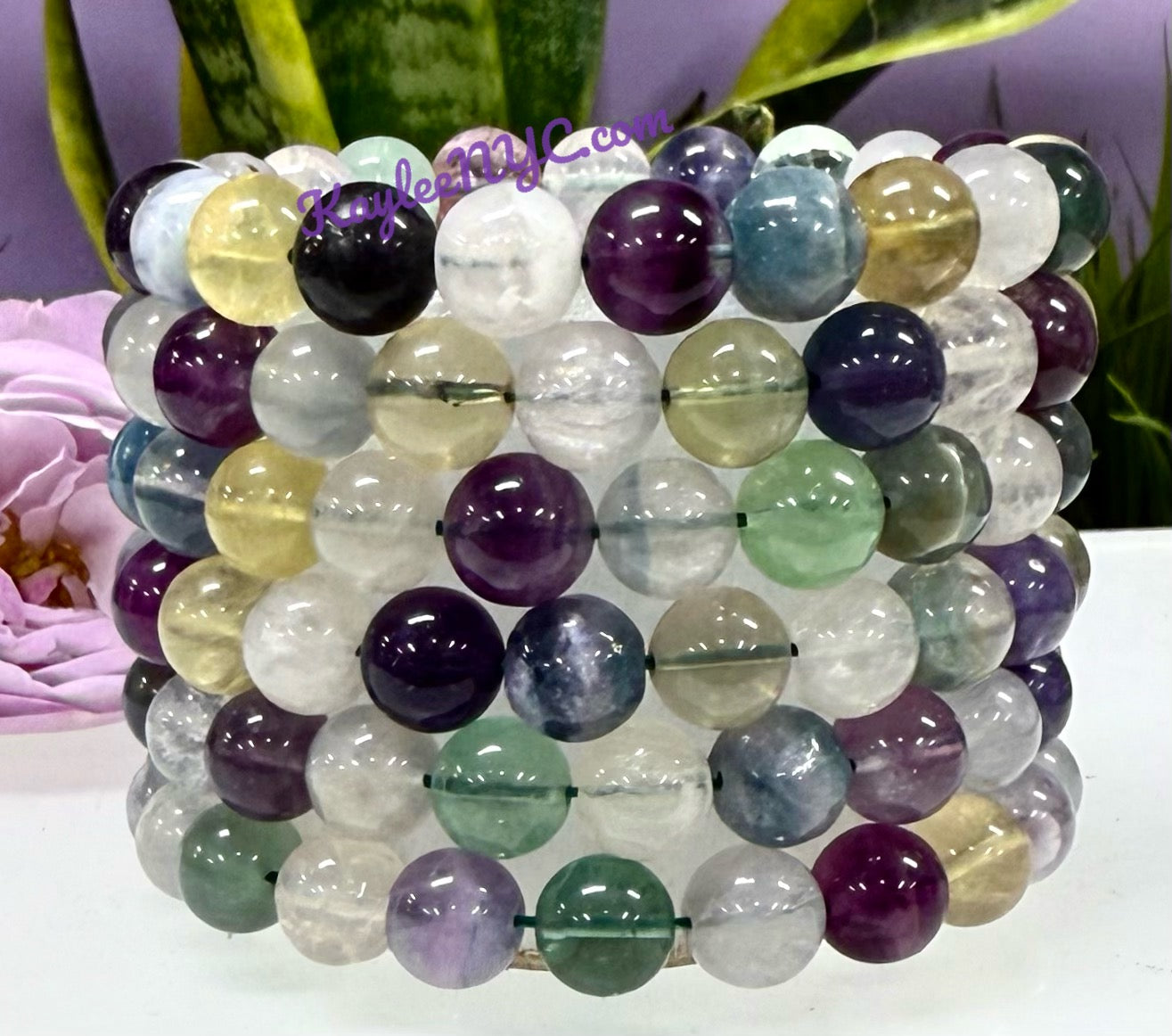 Wholesale 6 Pcs Natural Rainbow Fluorite 9.5-10mm 7.5” Crystal Healing Stretch Bracelet