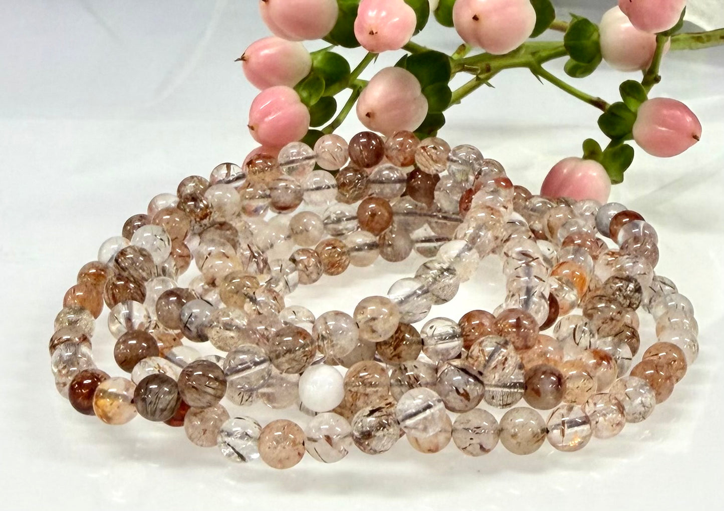 6 PCs 6mm Natural Copper Rutilated Quartz Stretch Bracelet 7.5”