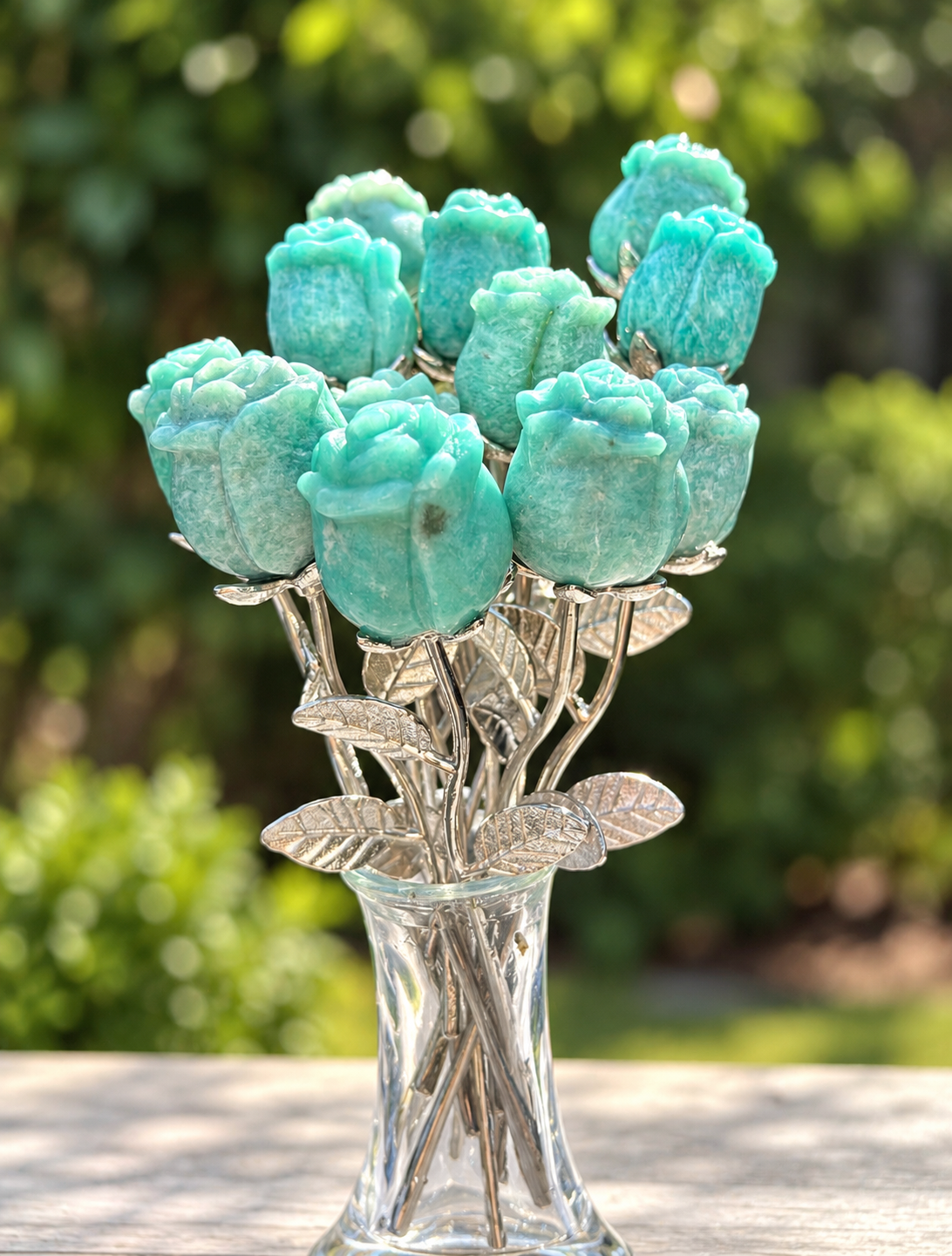 12 PCs Amazonite Rose with Rhodium Metal Stem Natural Crystal Healing Energy