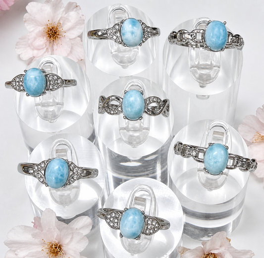 Wholesale Lot 7 pcs Natural Larimar Stainless Steel Ring 6x8mm