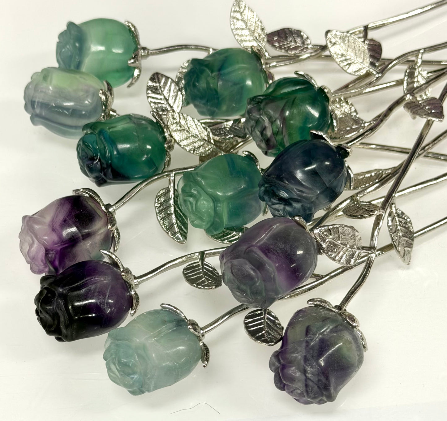 12 PCs Fluorite Rose with Rhodium Metal Stem Natural Crystal Healing Energy