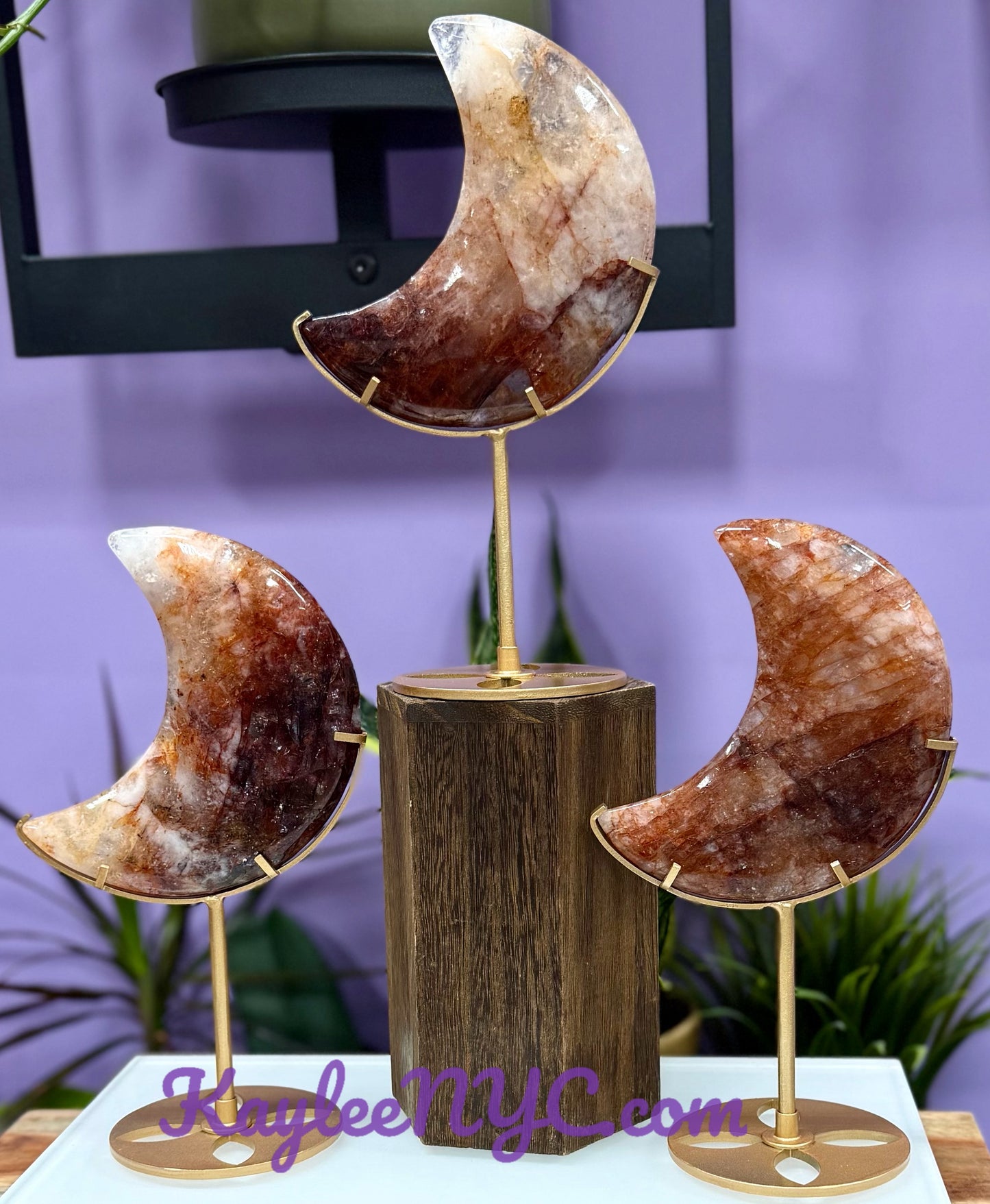 Wholesale Lot 3 PCs Natural Hematiod Fire Quartz Moon w/stand Healing Energy