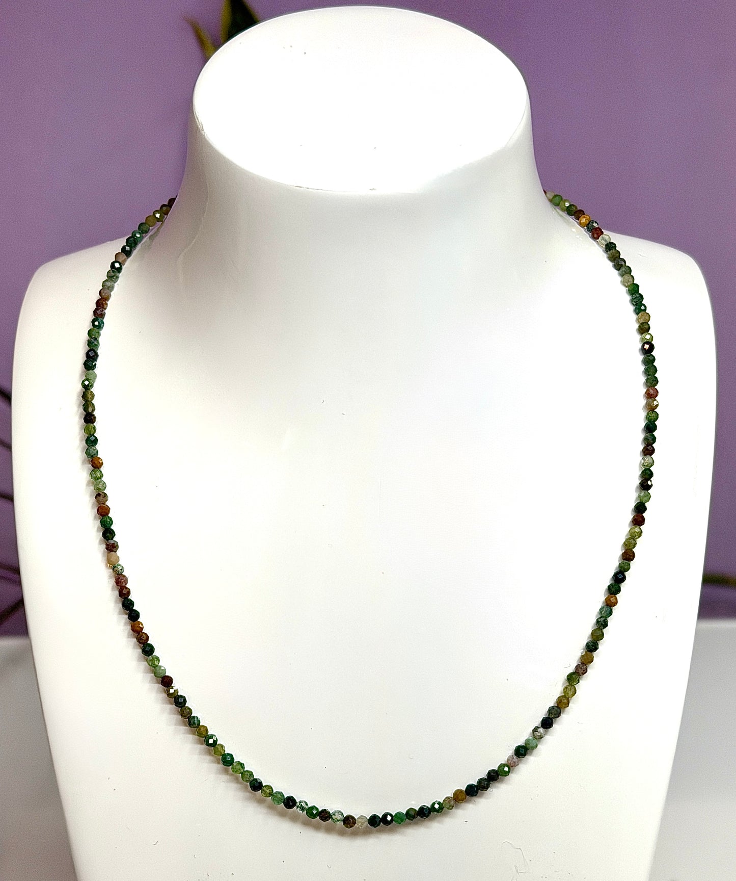 6 PCs 2mm Faceted Indian Moss Agate Necklace Stainless Steel Findings