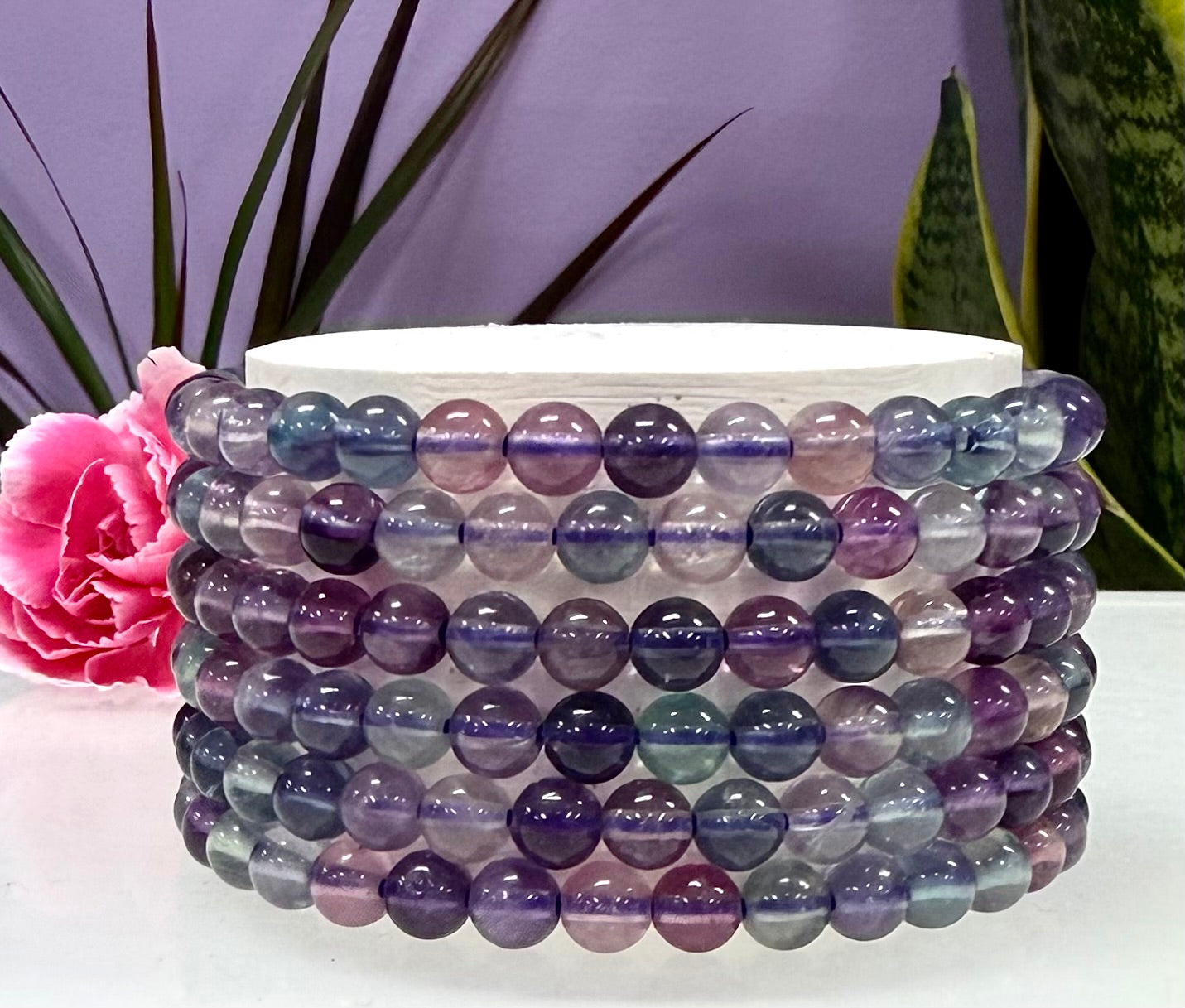 Wholesale 6 Pcs Natural Rainbow Fluorite 6mm 7.5” Crystal Healing Stretch Bracelet