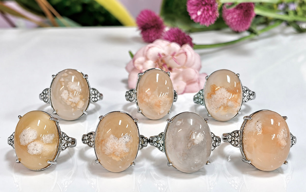 Wholesale Lot 7 pcs Natural Flower Agate Stainless Steel Ring 13x18mm