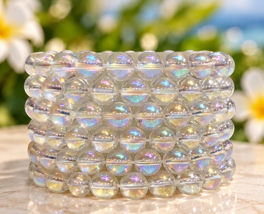 Wholesale 6 Pcs Angel Aura Clear Quartz 8mm 7.5” Crystal Healing Stretch Bracelet