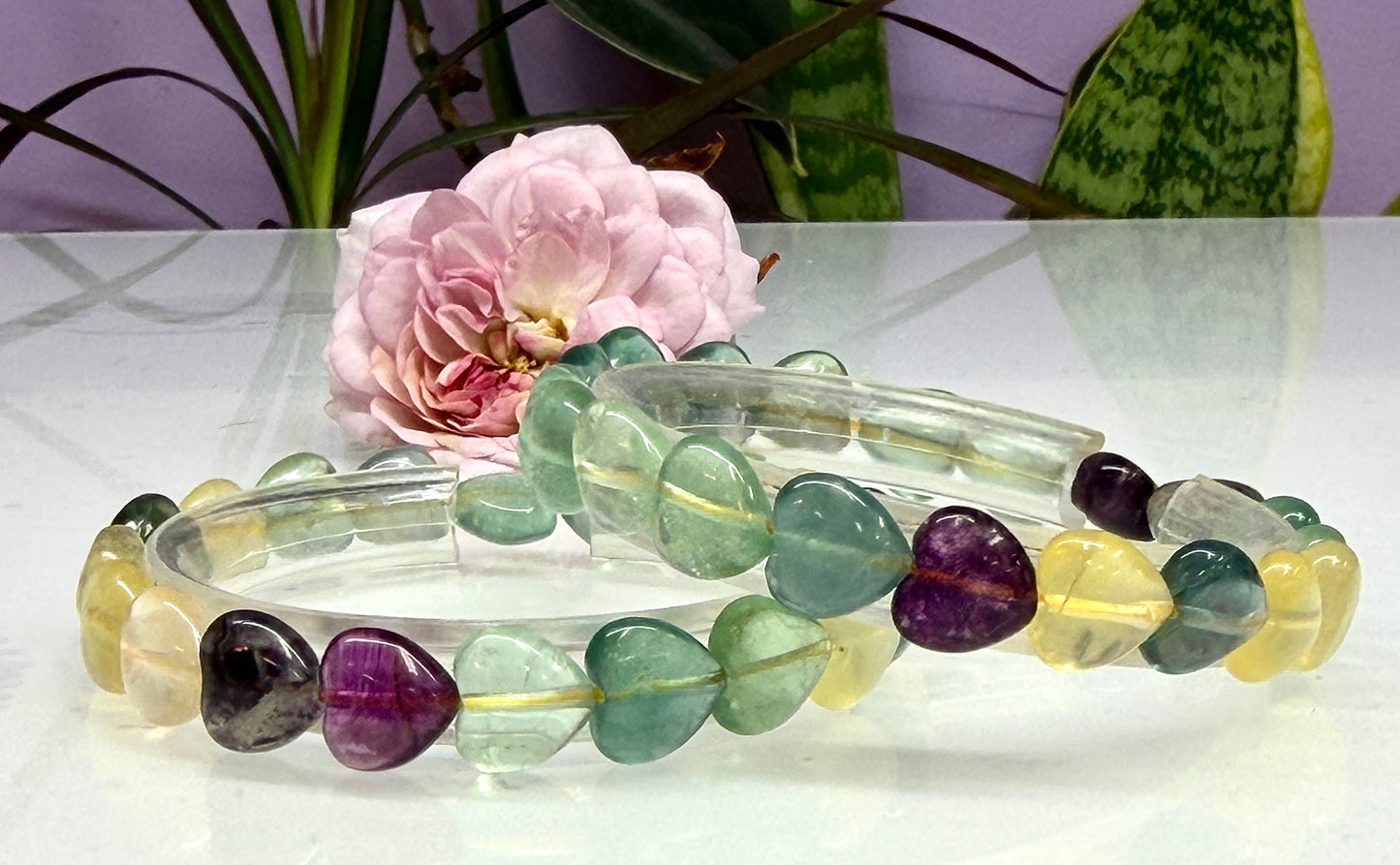 Wholesale 6 Pcs Natural Fluorite Heart 8mm 7.5” Crystal Healing Stretch Bracelet