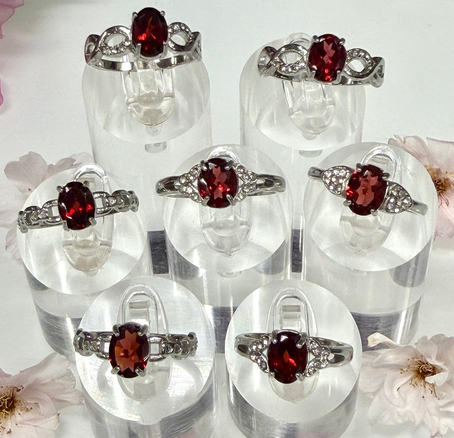 Wholesale Lot 7 pcs Faceted Natural Garnet Stainless Steel Ring 6x8mm
