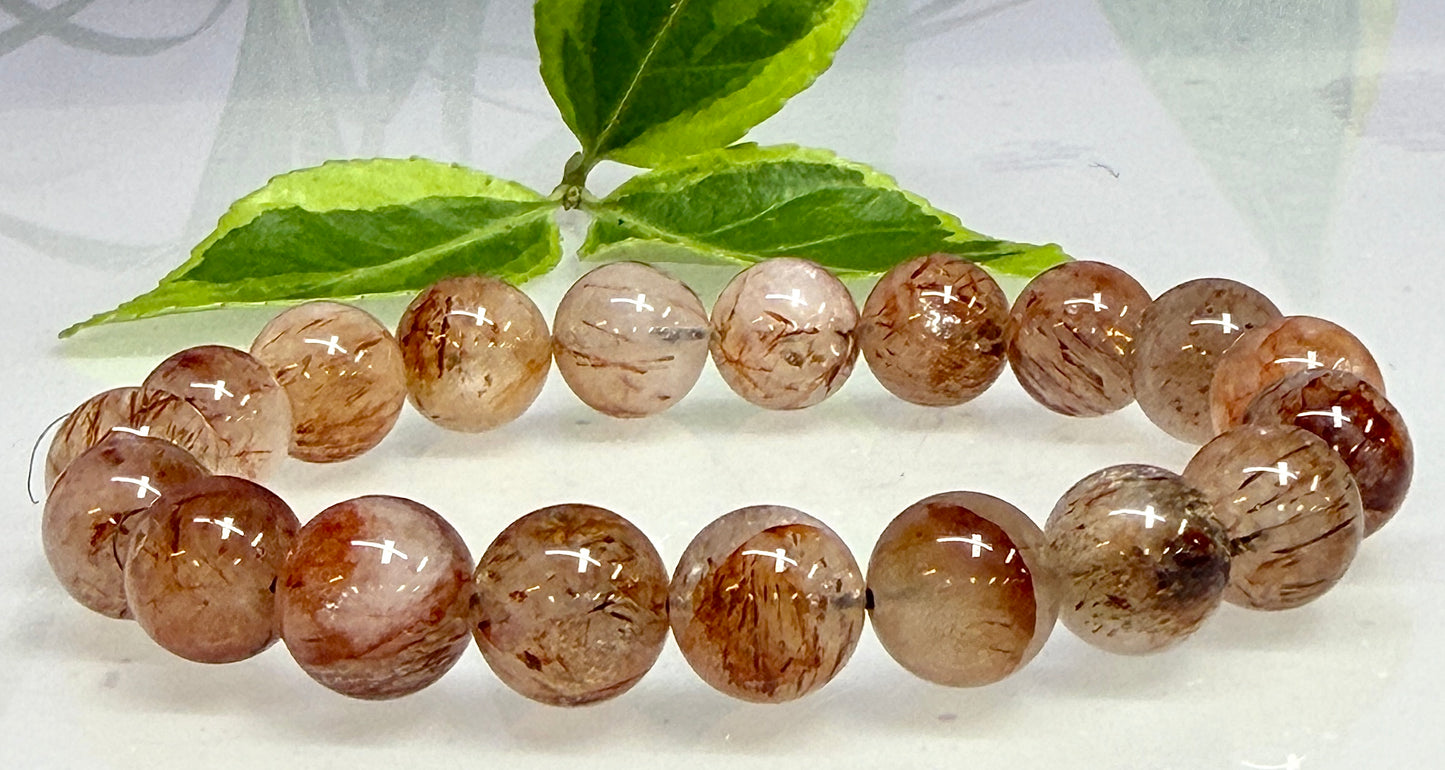 6 PCs 10-11.5mm Natural Rutilated Quartz Crystal Stretch Bracelet 8”