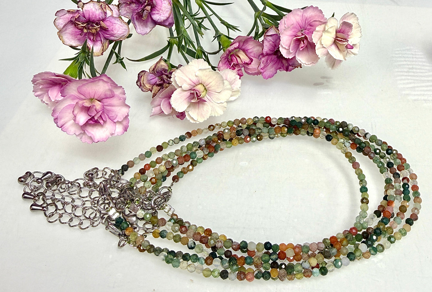 6 PCs 2mm Faceted Indian Moss Agate Necklace Stainless Steel Findings