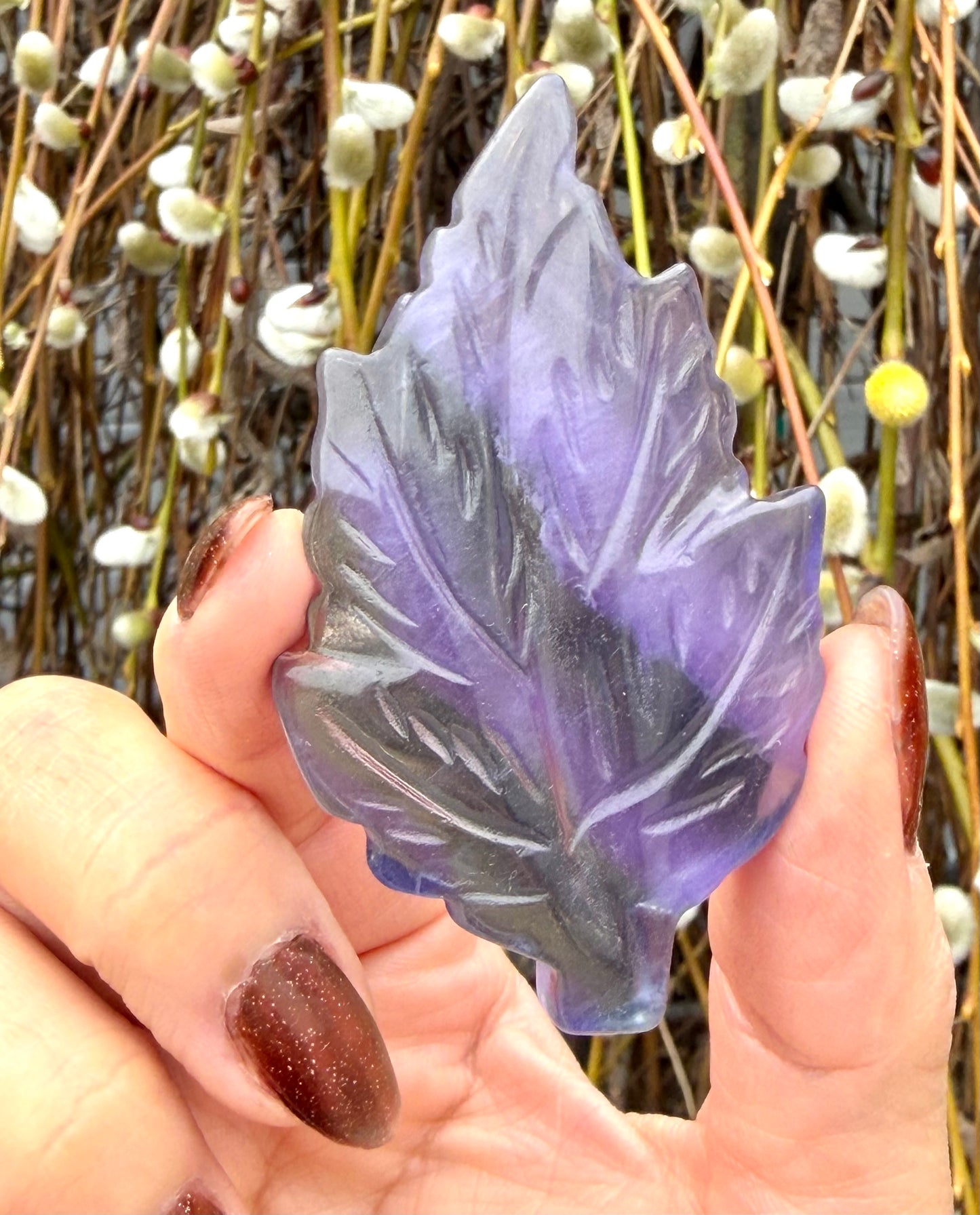 8 PCs Natural Purple Fluorite and Olive Jade Leaf