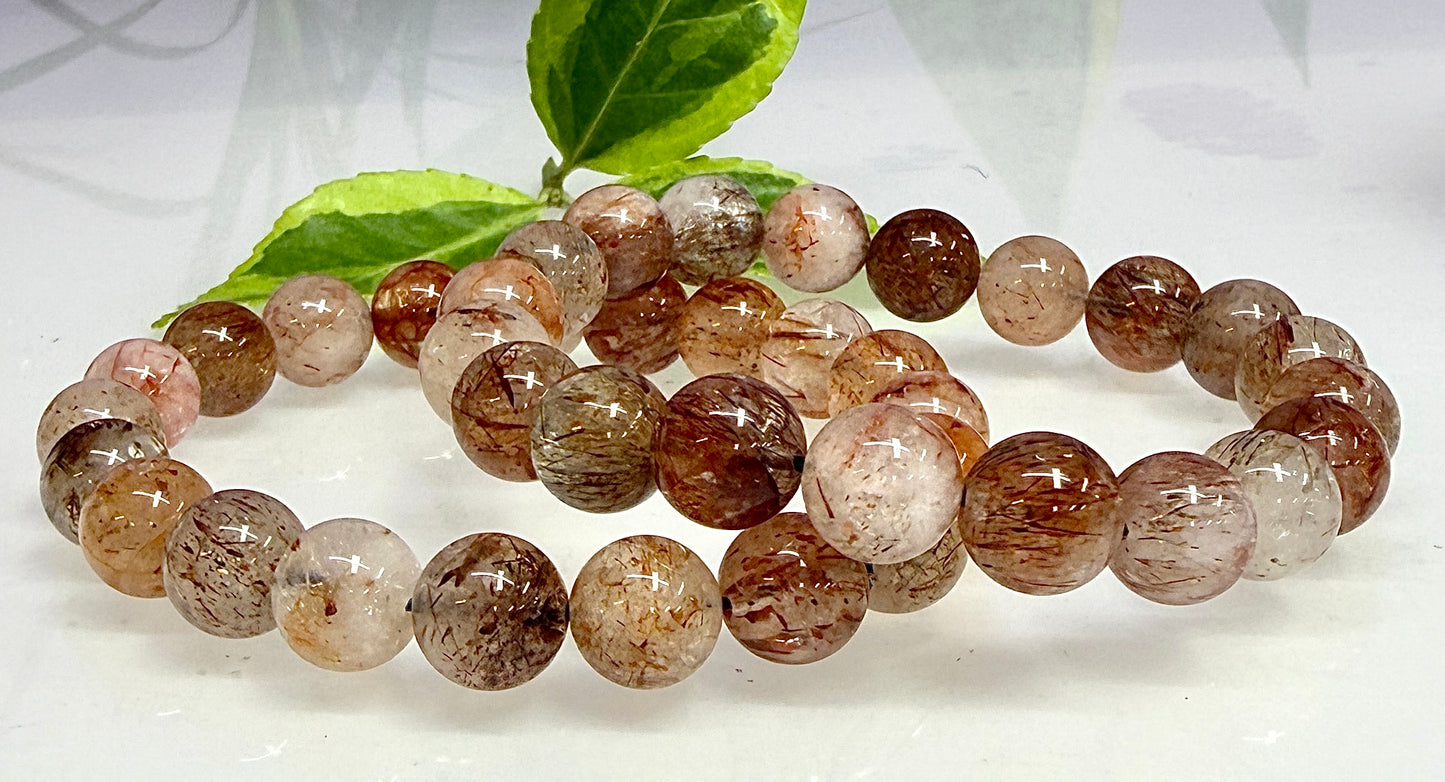 6 PCs 10-11.5mm Natural Rutilated Quartz Crystal Stretch Bracelet 8”