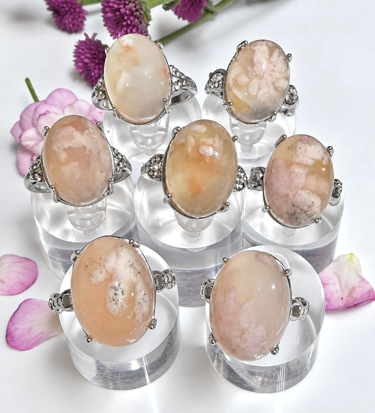 Wholesale Lot 7 pcs Natural Flower Agate Stainless Steel Ring 13x18mm