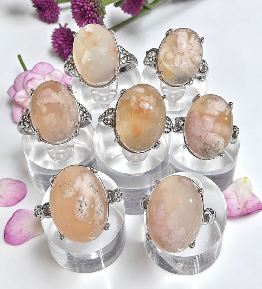 Wholesale Lot 7 pcs Natural Flower Agate Stainless Steel Ring 13x18mm