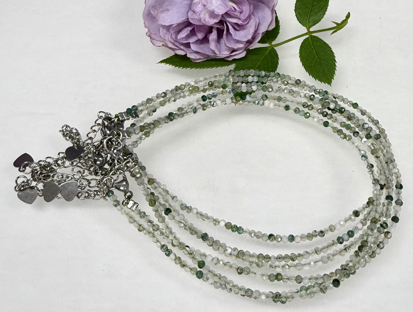 6 PCs 2mm Faceted Natural Moss Agate Anklets Stainless Steel Findings