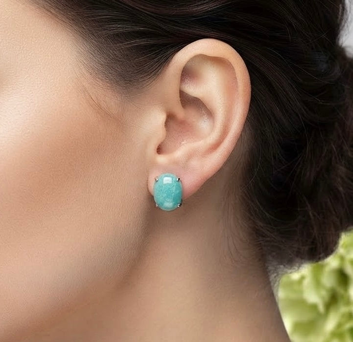 Wholesale Lot 5 Pairs Natural Amazonite Sterling Silver(925) Earring Studs 7x9mm