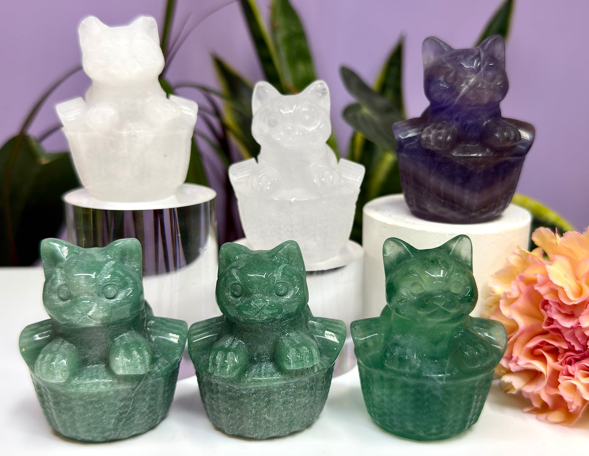 6 PCs 6cm Natural Crystals Cat in Basket Carving Healing Energy
