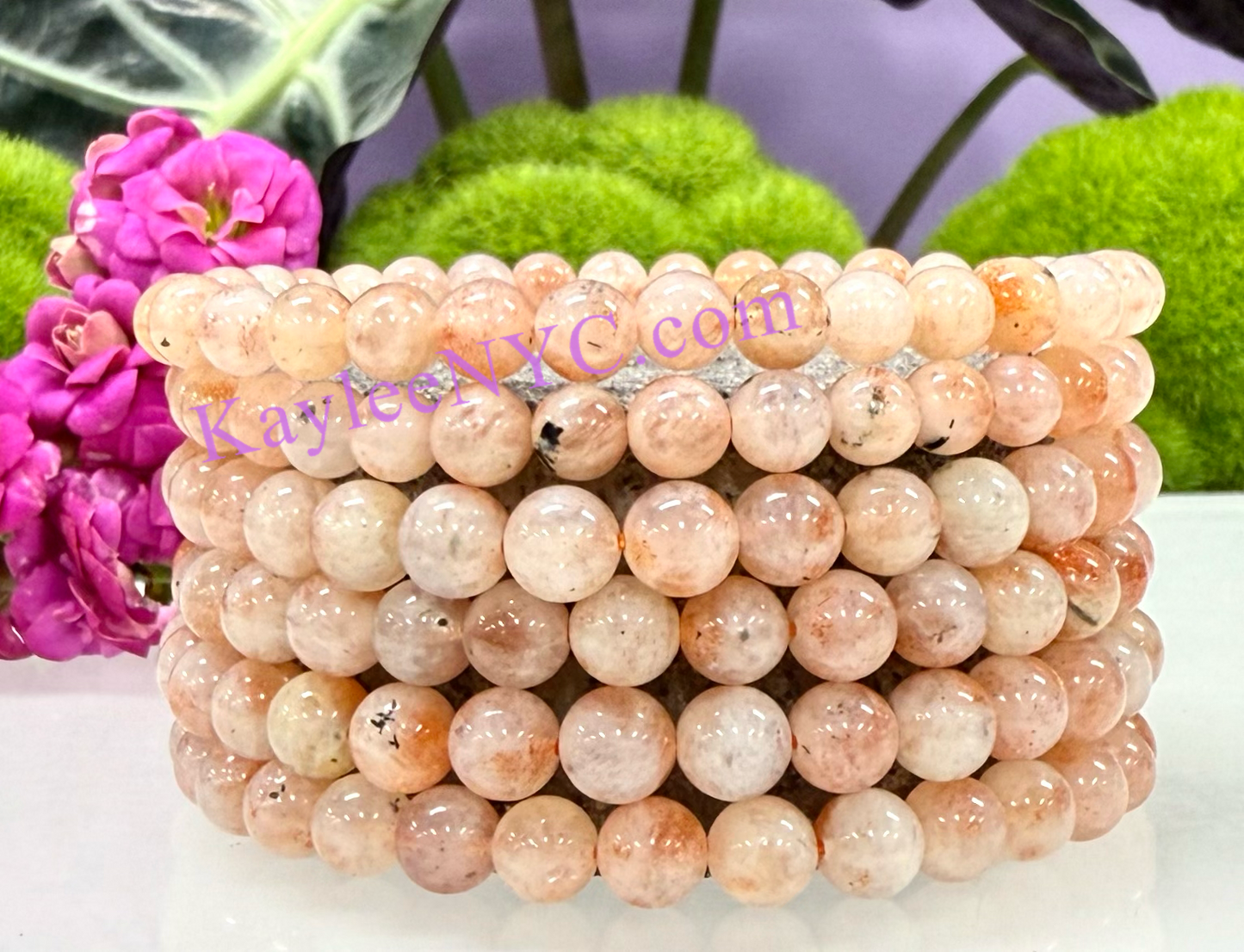 6 PCs 6mm Natural Sunstone Stretch Bracelet 7.5”