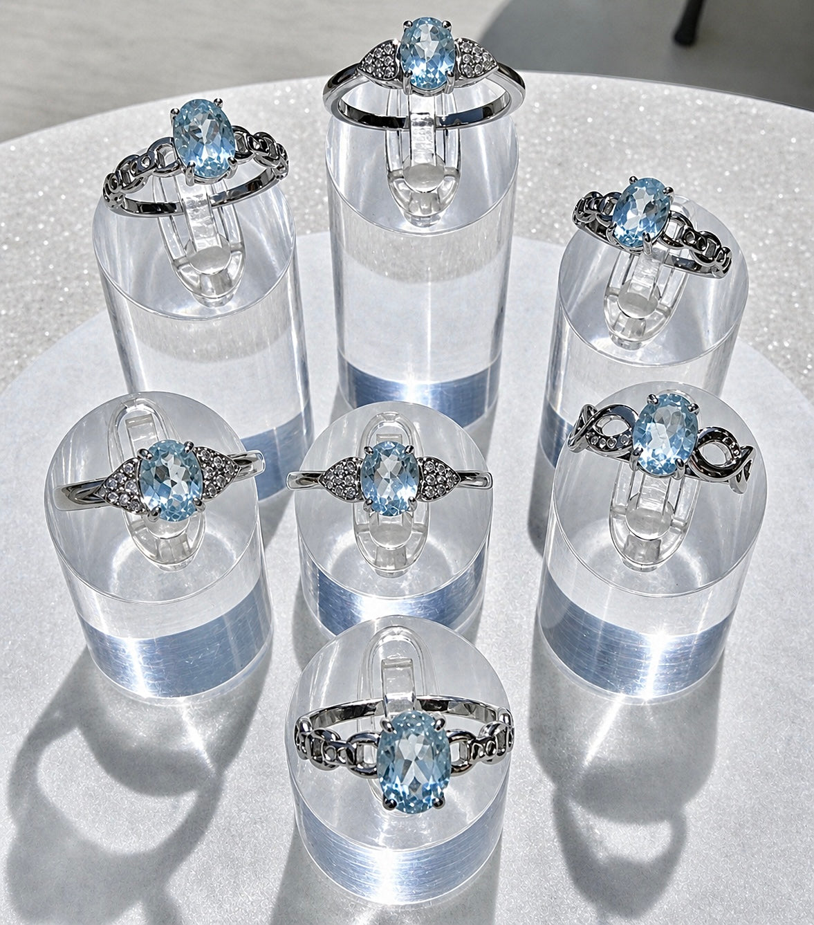 Wholesale Lot 7 pcs Faceted Natural Blue Topaz Stainless Steel Ring 7x9mm