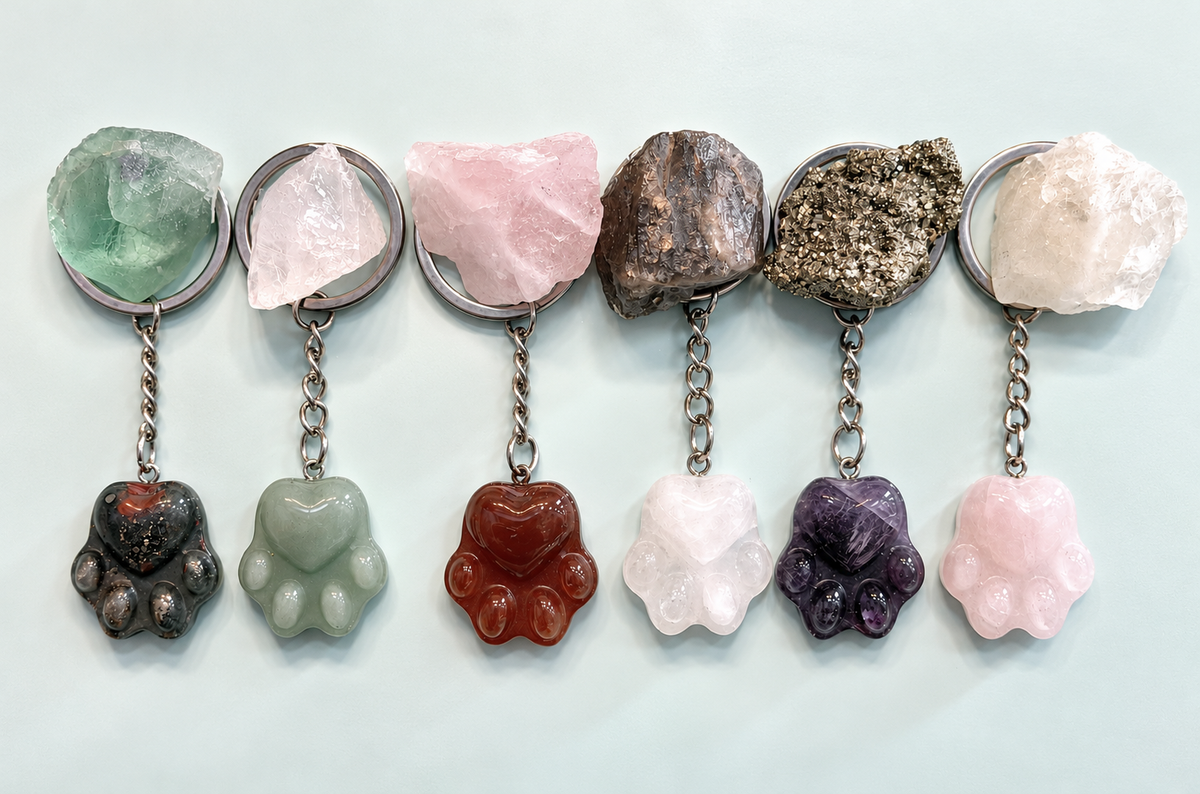 12 PCs Natural Mixed Crystals Dog Paw Print Keychain