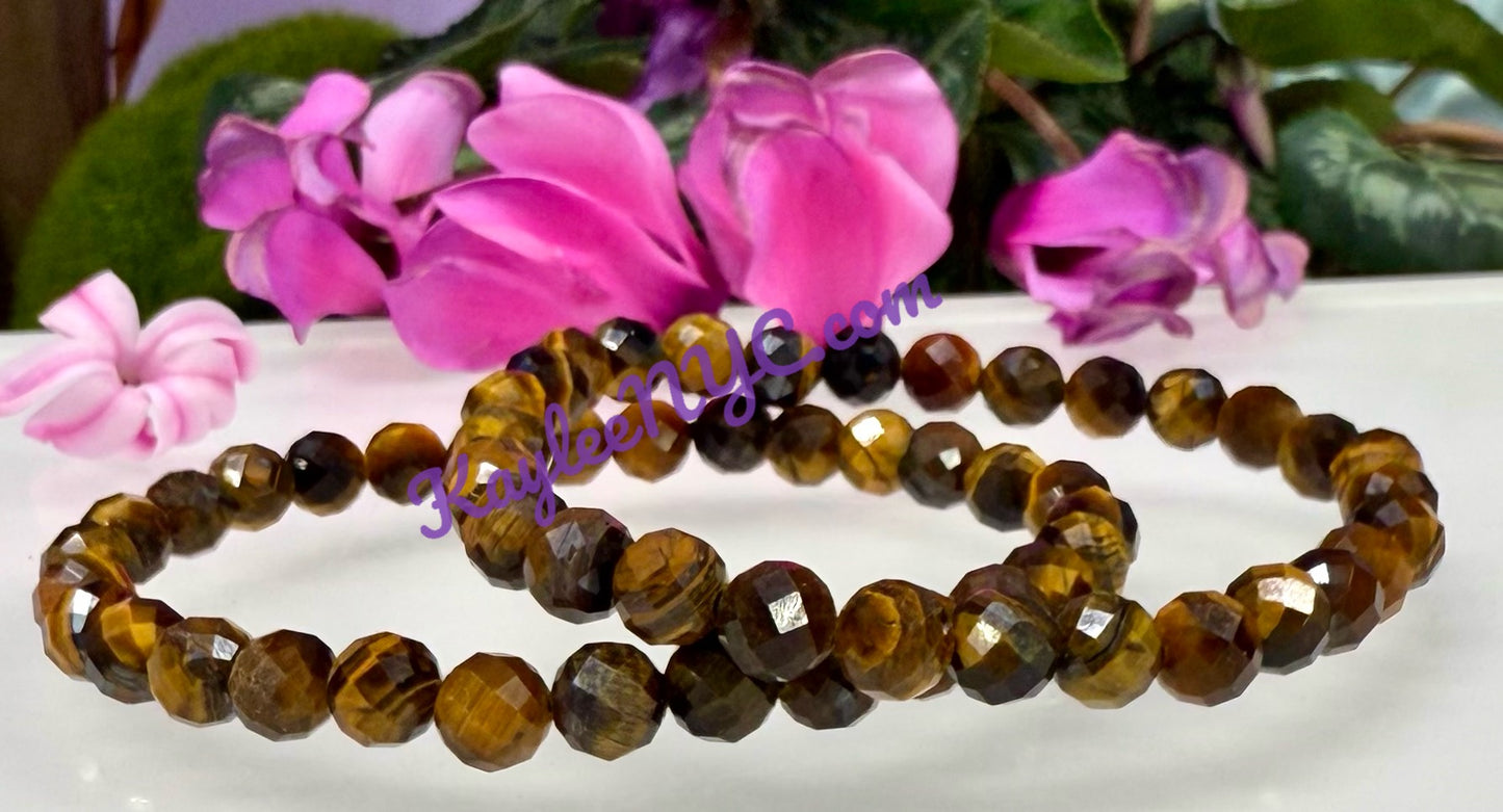 6 PCs Faceted Natural Tiger Eye 6mm 7.5” Stretch Bracelet