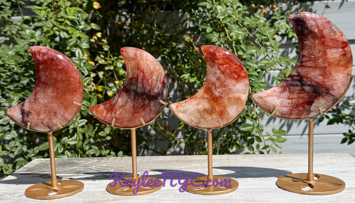 Wholesale Lot 3 PCs Natural Hematiod Fire Quartz Moon w/stand Healing Energy