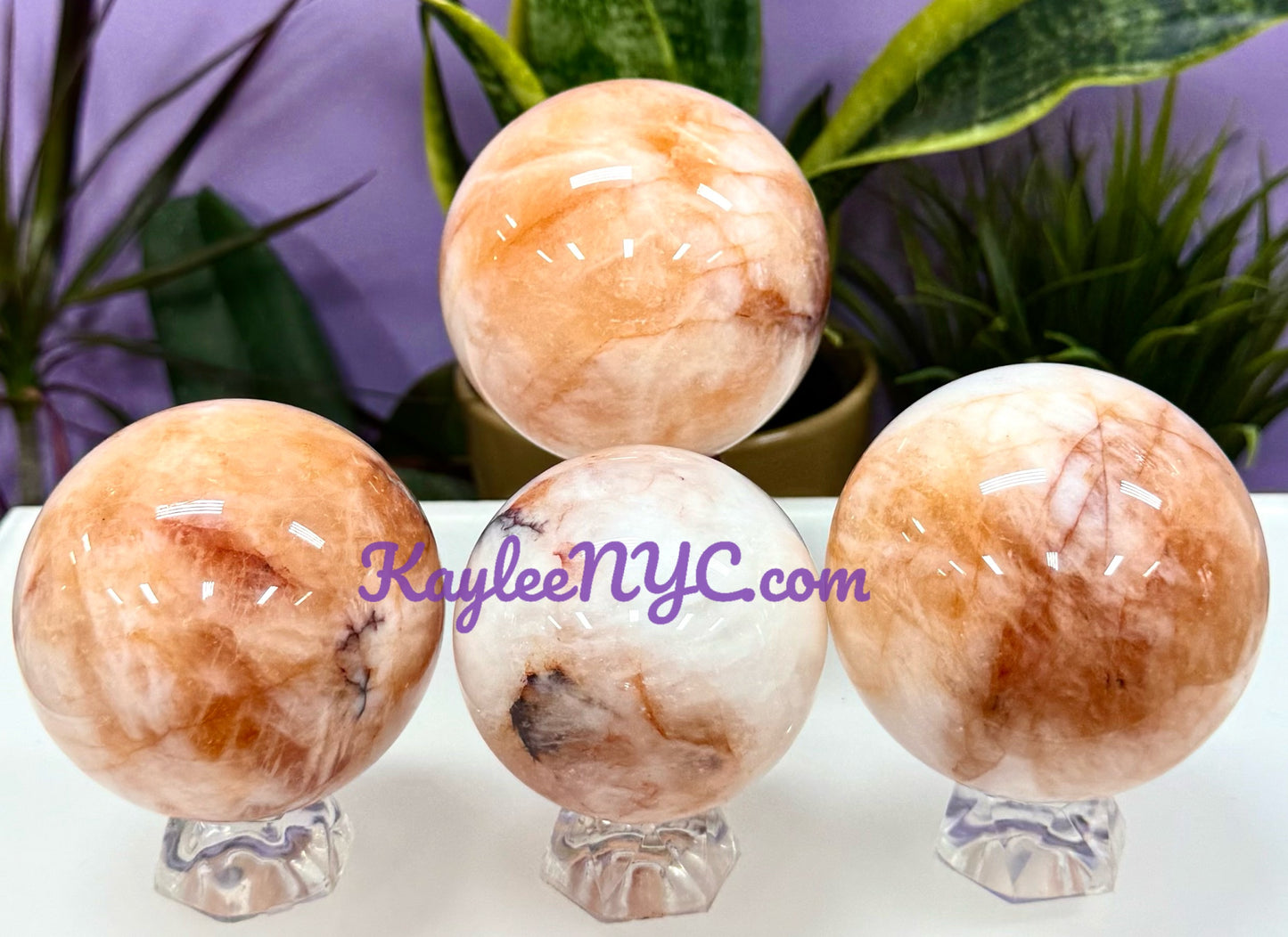 4 PCs Natural Hematoid Fire Quartz Sphere Crystals Healing Energy