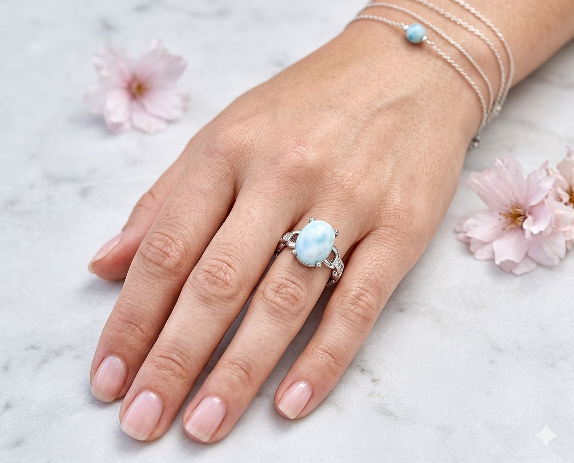 Wholesale Lot 7 pcs Natural Larimar Stainless Steel Ring 6x8mm