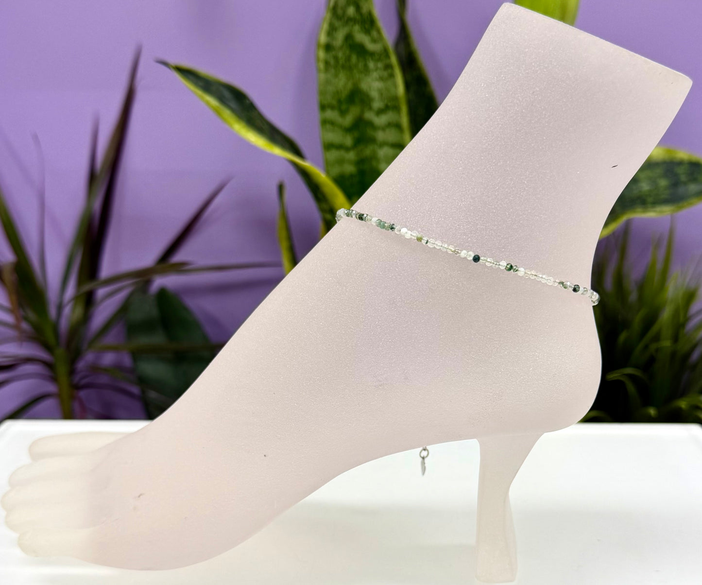 6 PCs 2mm Faceted Natural Moss Agate Anklets Stainless Steel Findings
