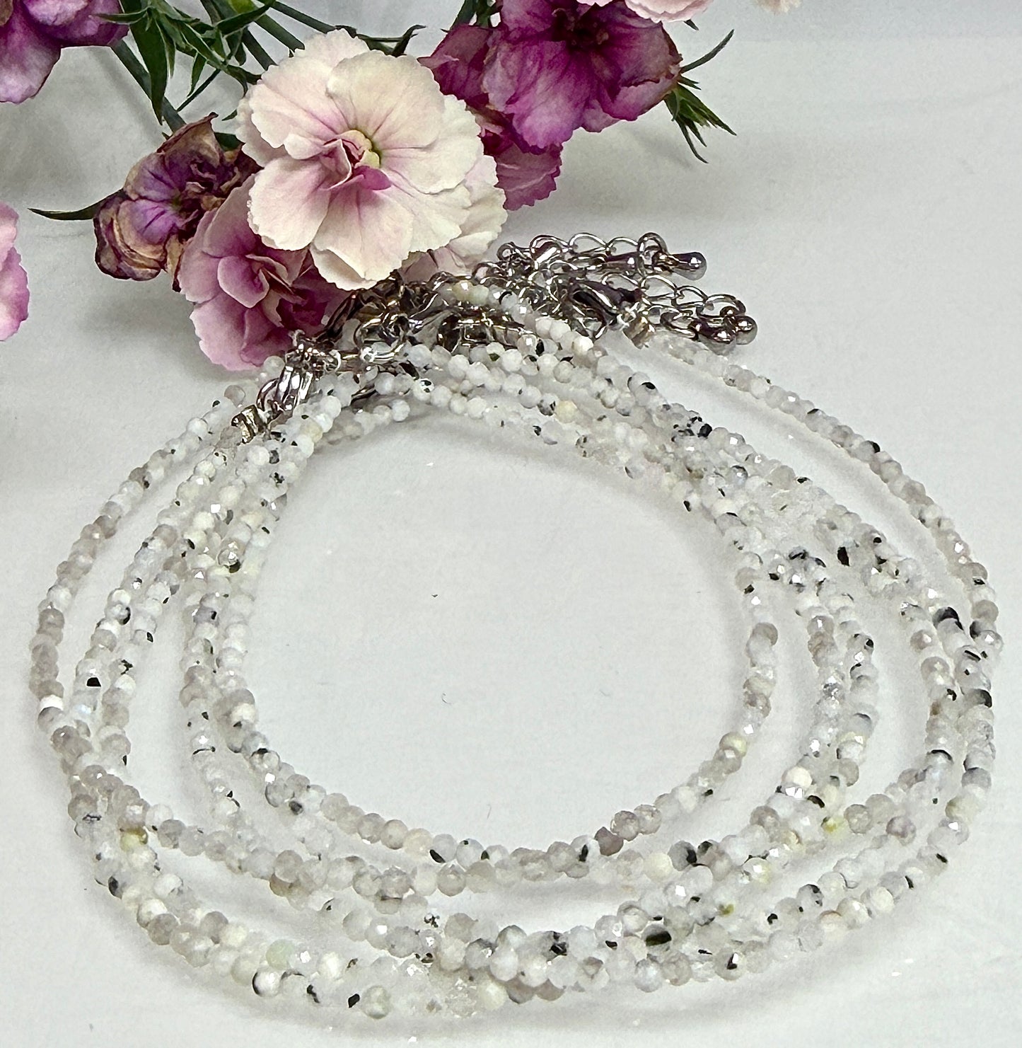 6 PCs 2mm Faceted Rainbow Moonstone Necklace Stainless Steel Findings