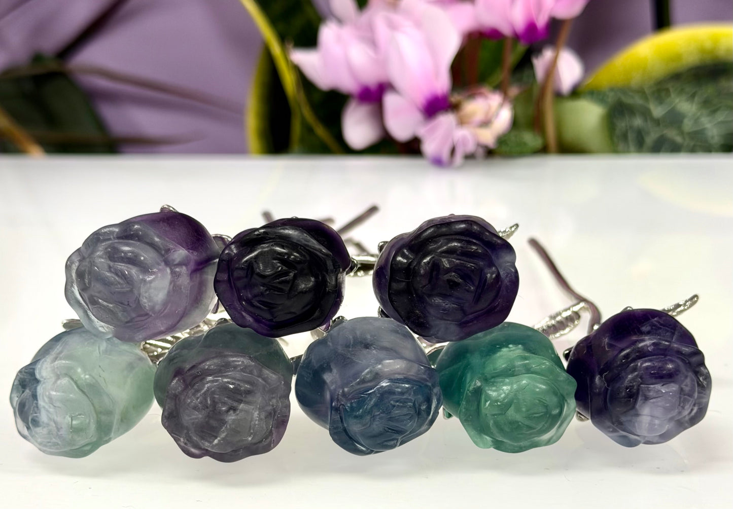 12 PCs Fluorite Rose with Rhodium Metal Stem Natural Crystal Healing Energy