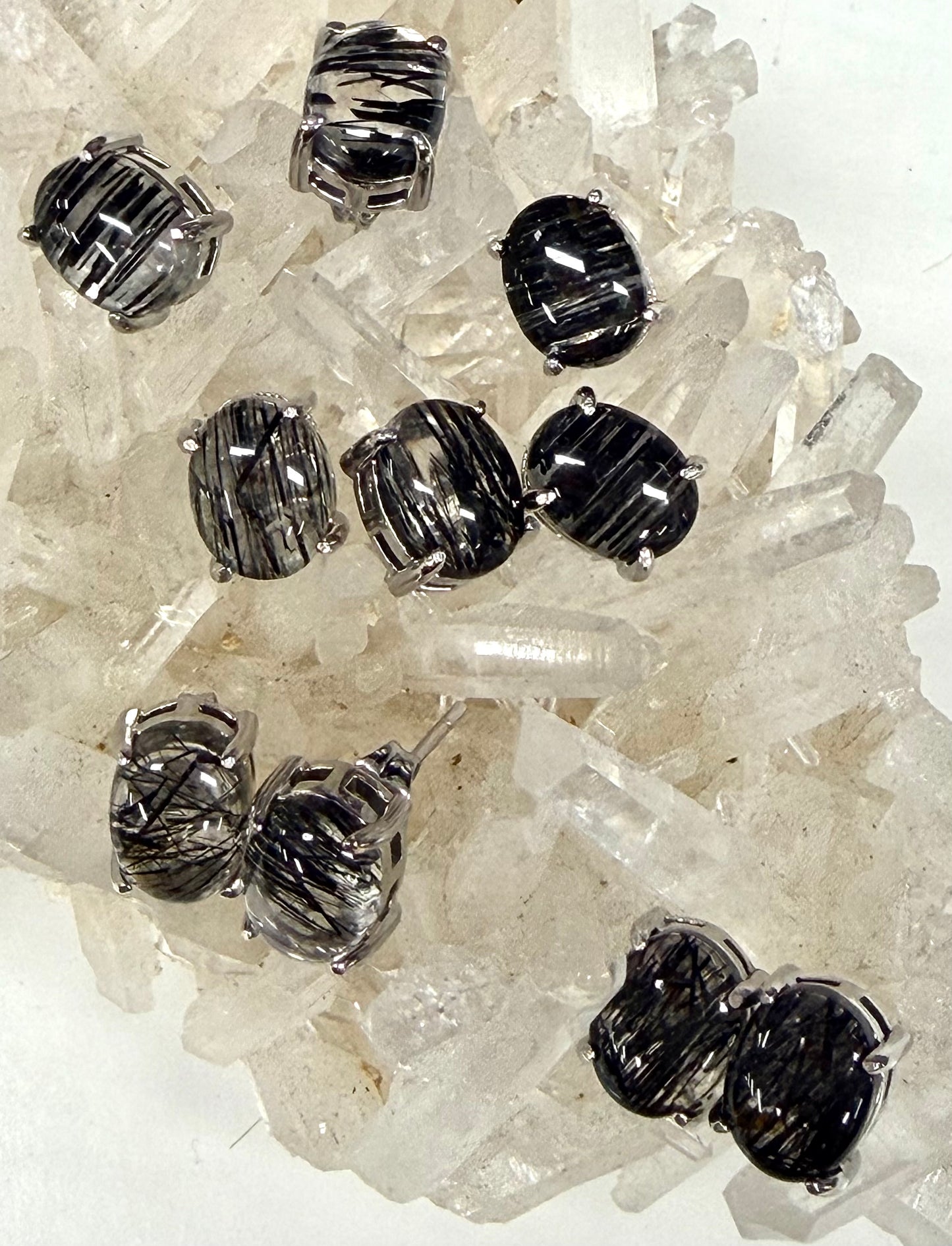 Wholesale Lot 5 Pairs Natural Tourmalinated Quartz Sterling Silver(925) Earring Studs 7x9mm