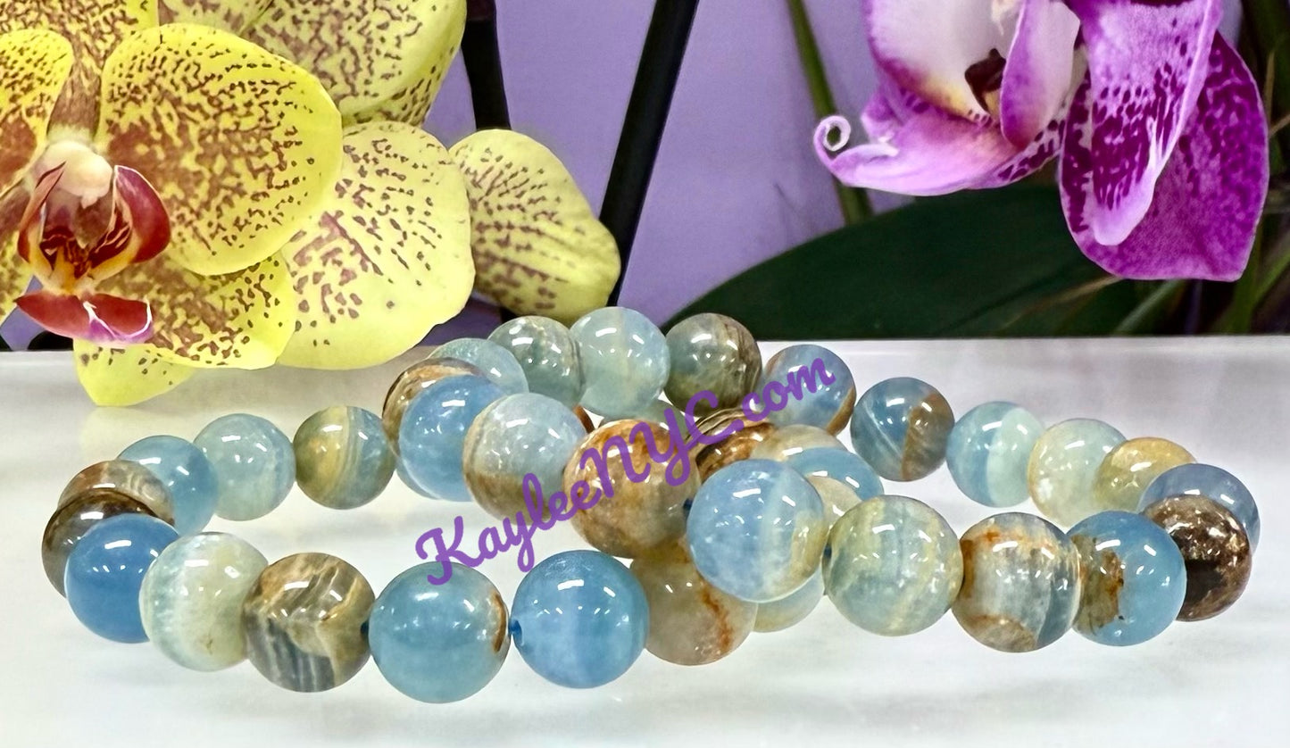 Wholesale Lot 6 Pcs Natural Aquatine Lemurian Calcite 11-12mm 8” Natural Stretch Bracelet