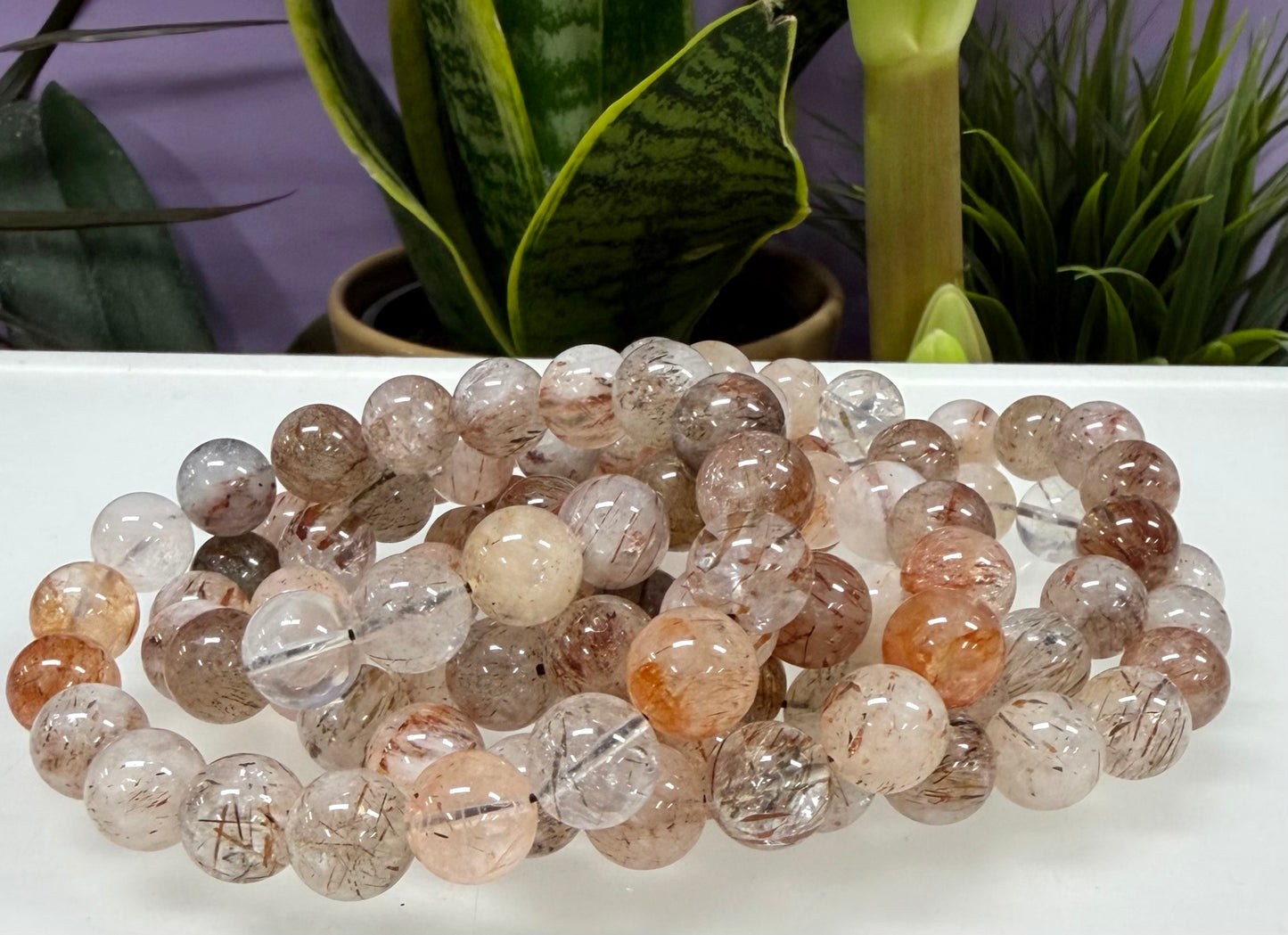 6 PCs 10mm Natural Rutilated Quartz Crystal Stretch Bracelet 8”