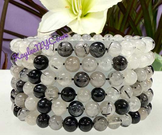 Wholesale 6 Pcs Tourmalinated Quartz 6mm 7.5” Crystal Healing Stretch Bracelet