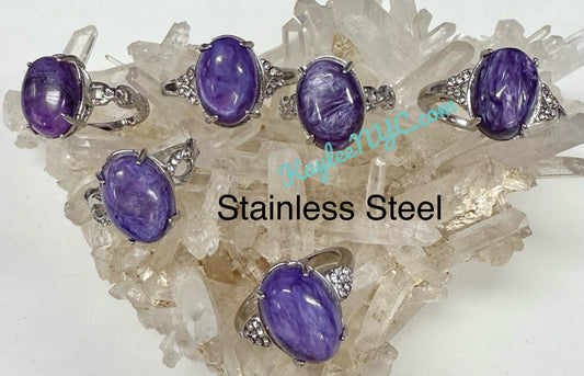 Wholesale Lot 6 pcs Natural Charoite Stainless Steel Ring 10x14mm