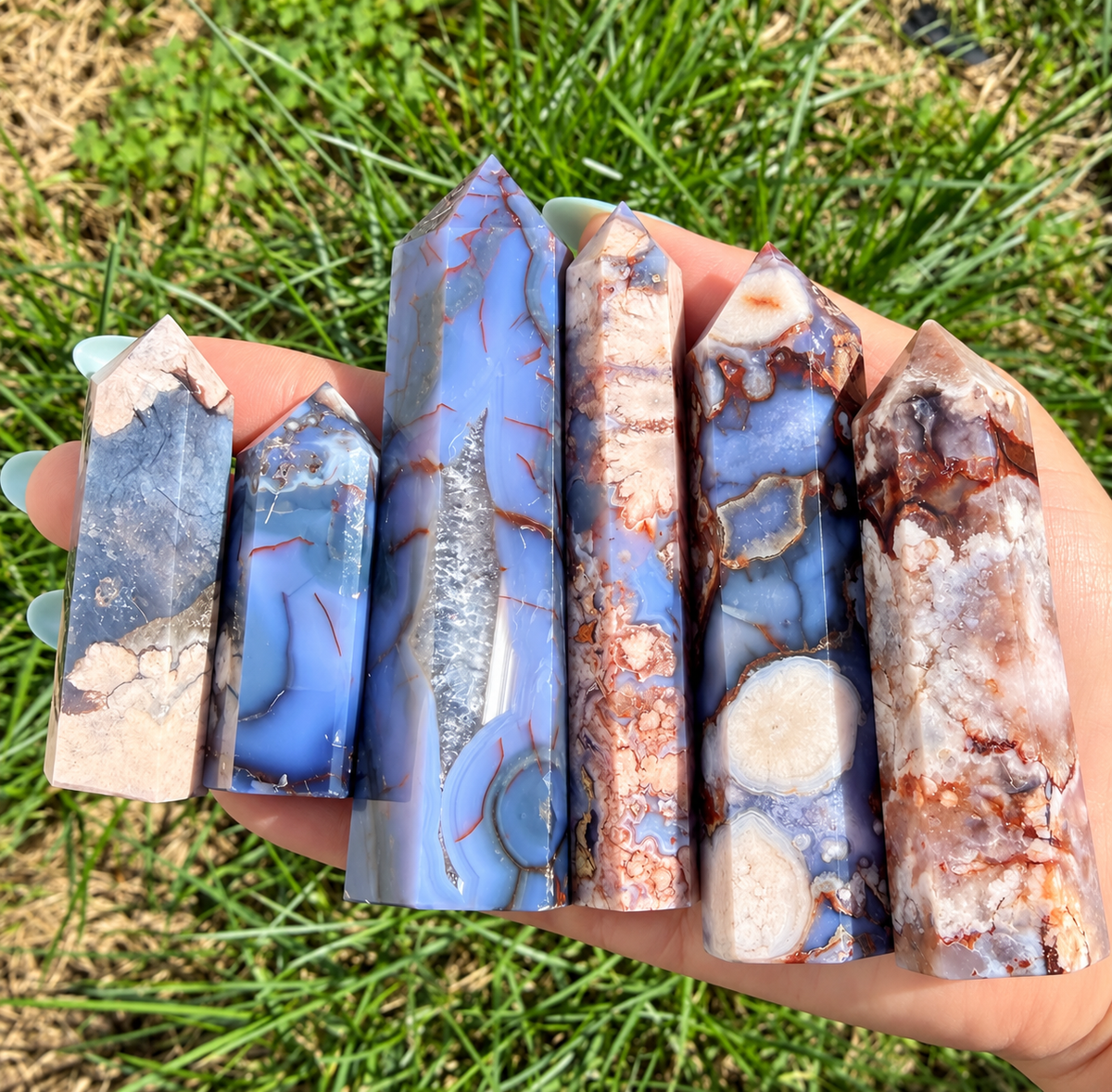 2 lbs Blue Flower Tower Agate obelisk Point Crystal