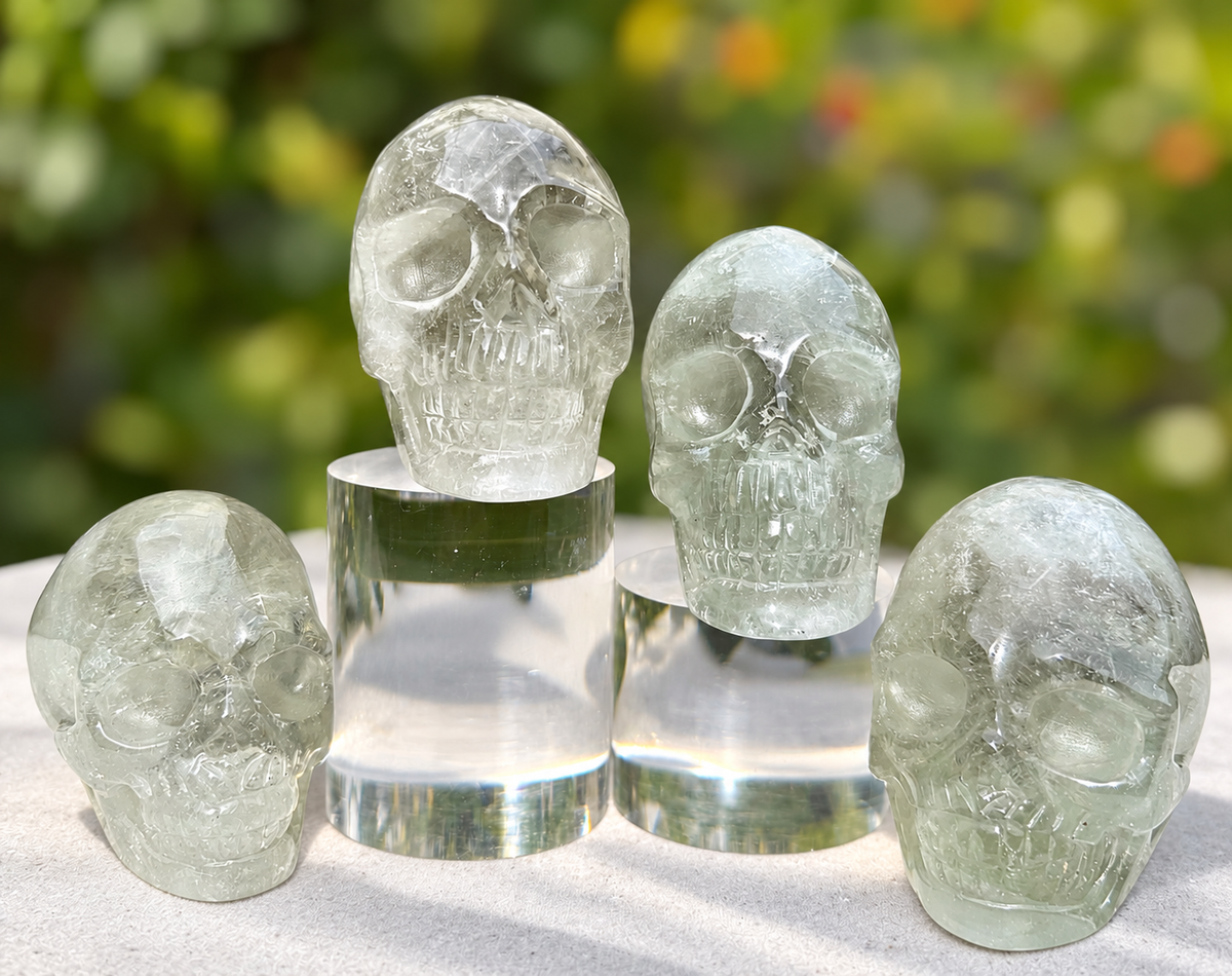 4 pcs Prasiolite Green Amethyst Skull Crystals Healing Energy