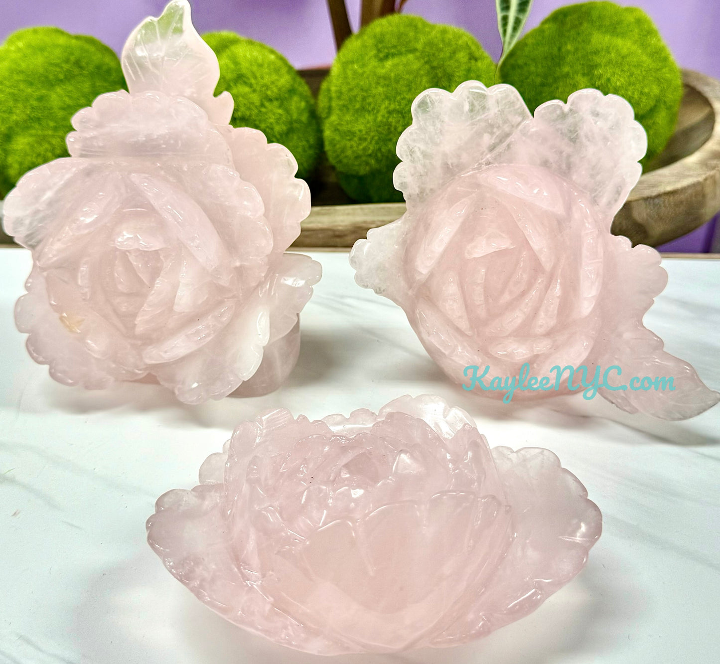 3 PCs Natural Rose Quartz Rose Carving Crystals Healing Energy