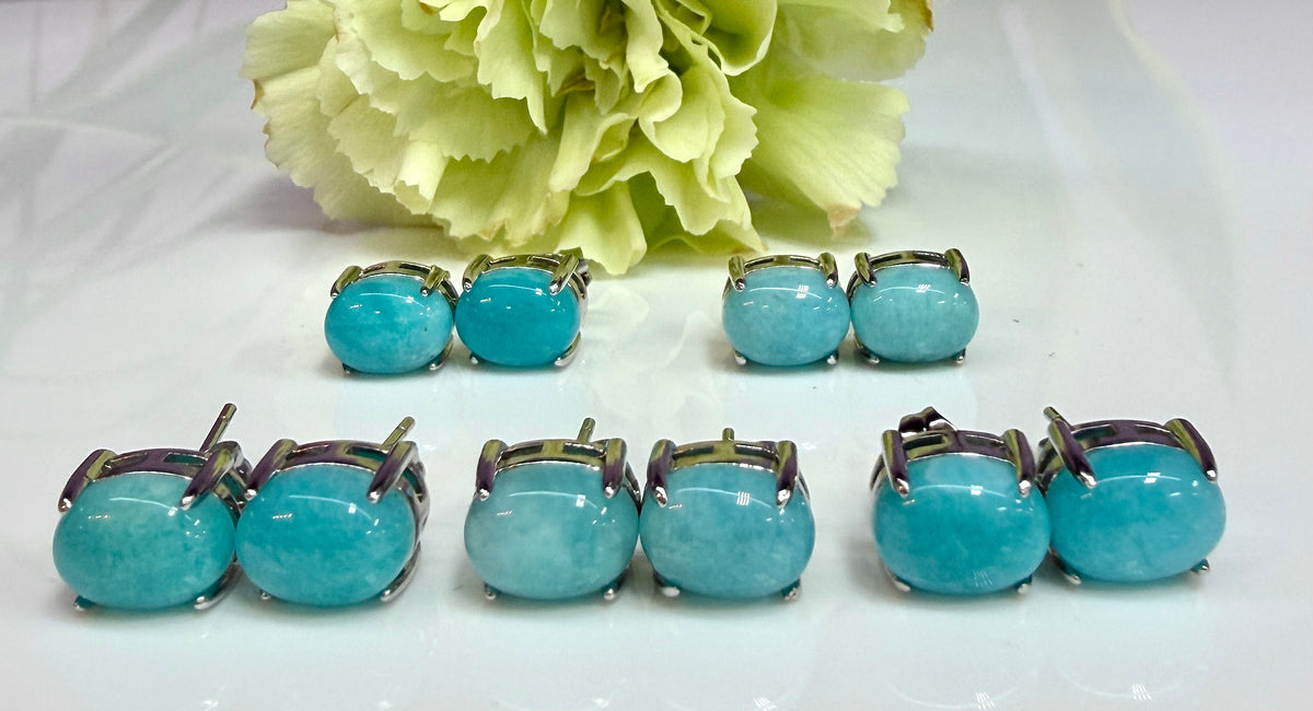Wholesale Lot 5 Pairs Natural Amazonite Sterling Silver(925) Earring Studs 7x9mm