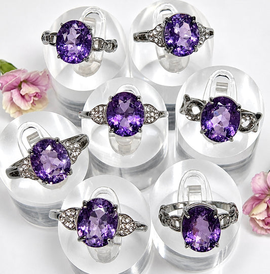 Wholesale Lot 7 pcs Faceted Natural Amethyst Stainless Steel Ring 9x11mm