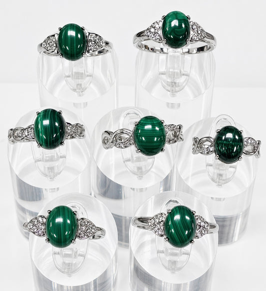 Wholesale Lot 7 pcs Natural Malachite Stainless Steel Ring 8x10mm